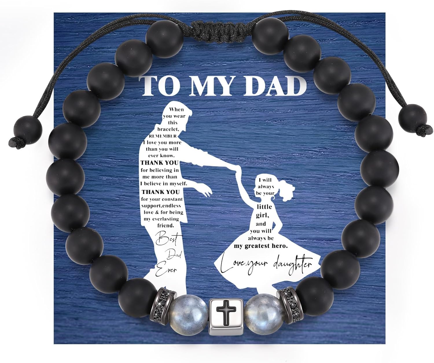 Gamtic Moonstone Cross Bracelet Gift for Dad, Adjustable 7A Grade Natural Moon Stone & Black Onyx Beaded Bracelet for Men, Fathers Day, Birthday Gifts from Daughter Son with to My Dad Card