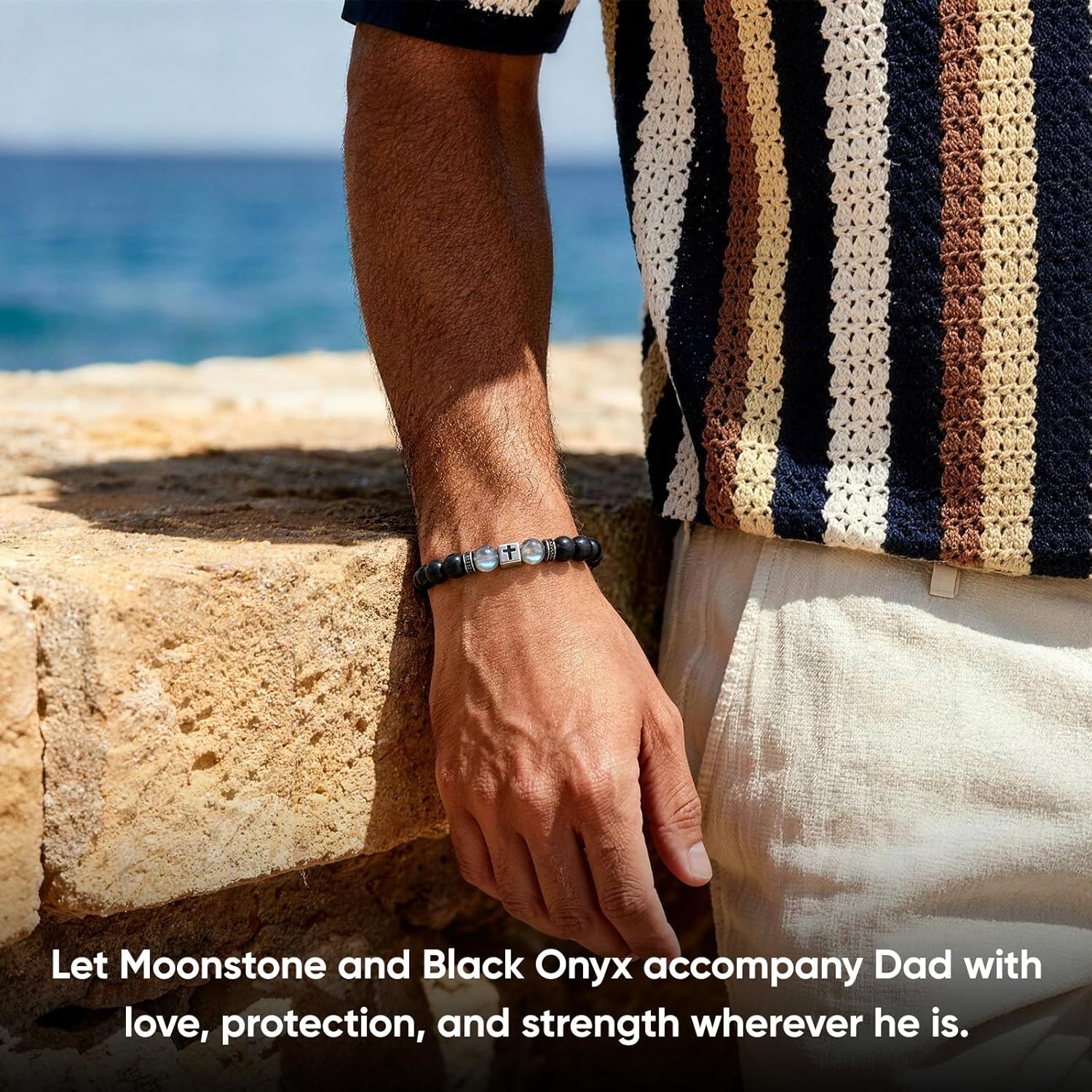 Gamtic Moonstone Cross Bracelet Gift for Dad, Adjustable 7A Grade Natural Moon Stone & Black Onyx Beaded Bracelet for Men, Fathers Day, Birthday Gifts from Daughter Son with to My Dad Card