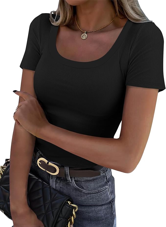 GKBK Ribbed Short Sleeve Tee - Scoop Neck Slim Fit Basic Top