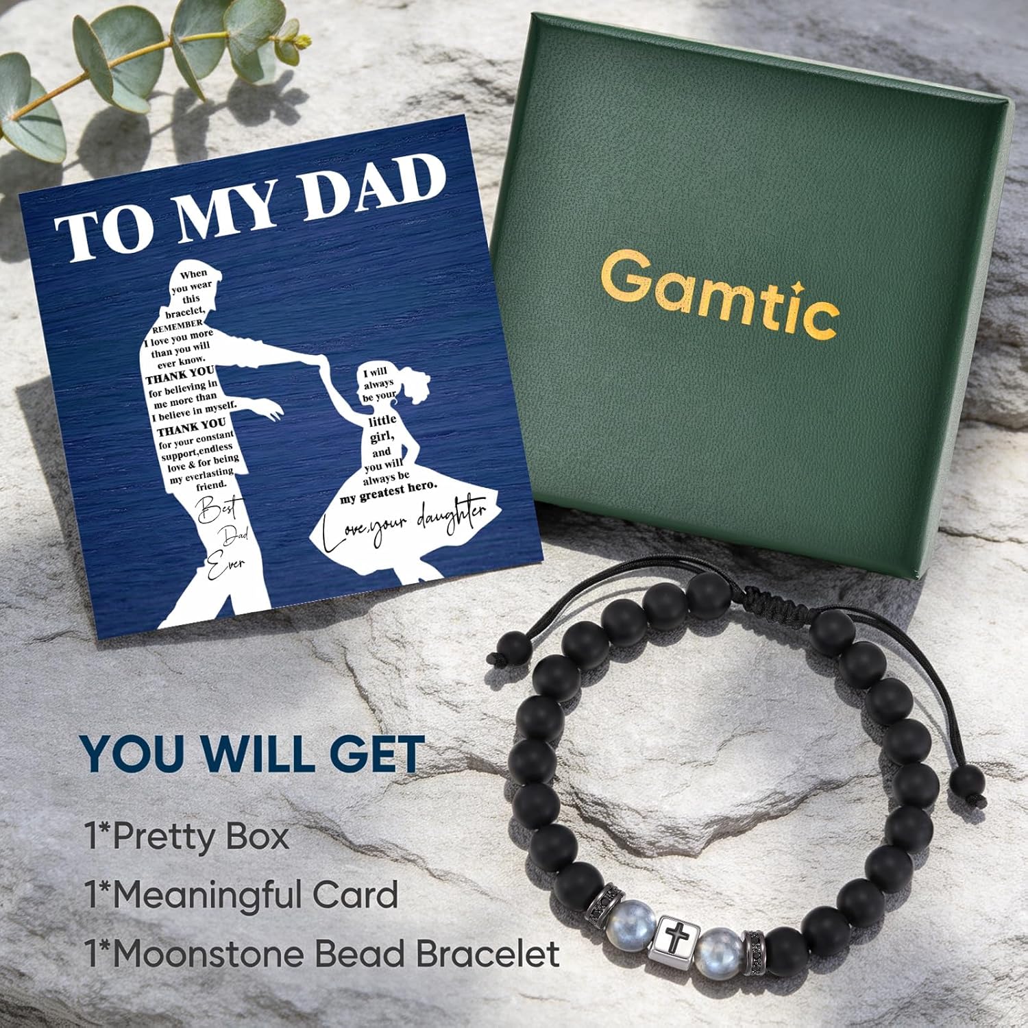 Gamtic Moonstone Cross Bracelet Gift for Dad, Adjustable 7A Grade Natural Moon Stone & Black Onyx Beaded Bracelet for Men, Fathers Day, Birthday Gifts from Daughter Son with to My Dad Card
