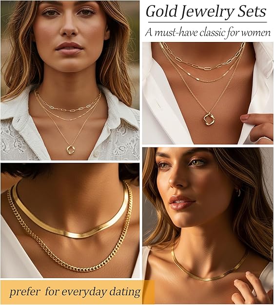 YEEZII 56 Pcs Gold Jewelry Set for Women with 5Pcs Layered Necklace, 5Pcs Layered Necklace, 12 Bracelets, 4 Hoop Earrings, 8 Stackable Rings, 10 hairpins, 12 Studs Earrings Jewerly set for Women