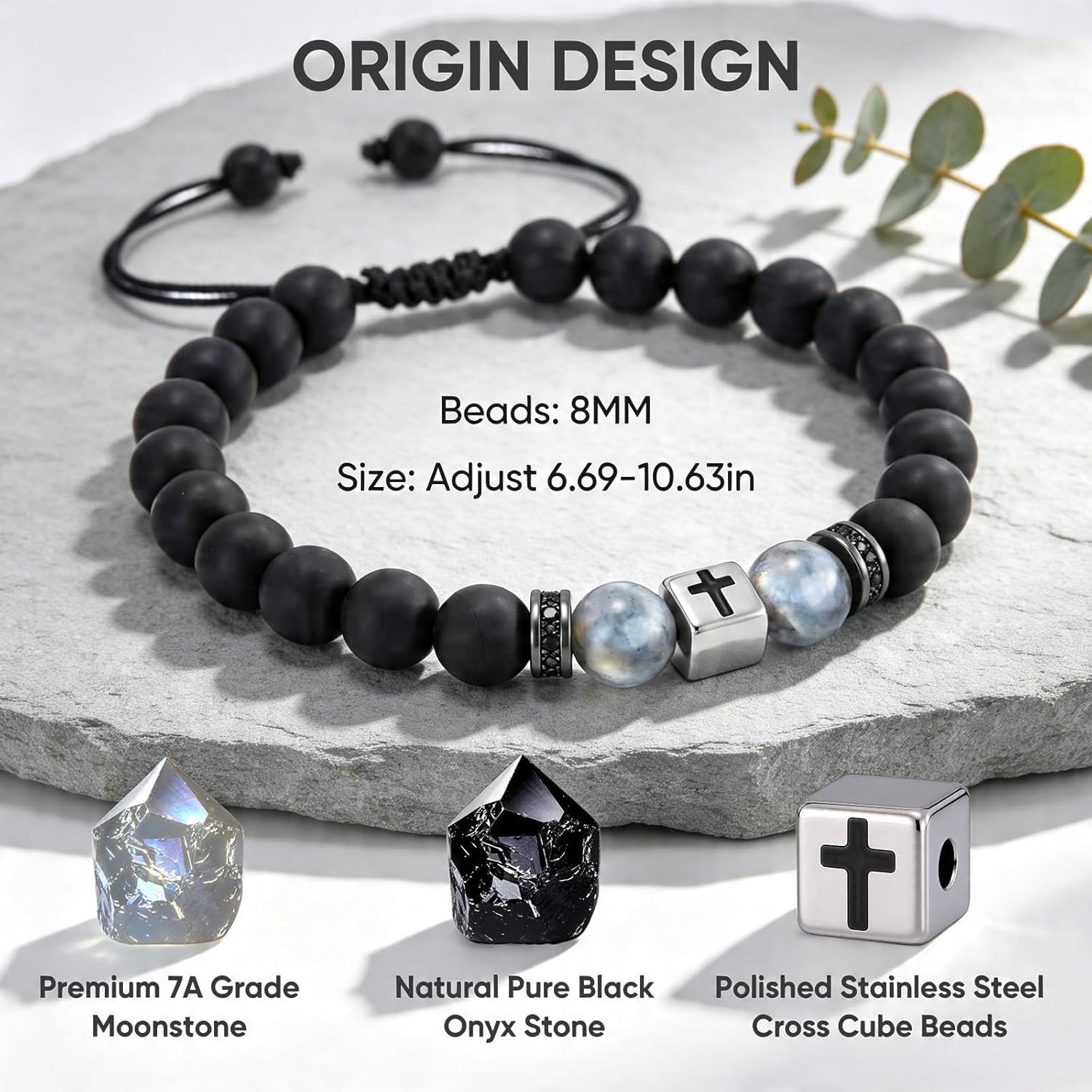 Gamtic Moonstone Cross Bracelet Gift for Dad, Adjustable 7A Grade Natural Moon Stone & Black Onyx Beaded Bracelet for Men, Fathers Day, Birthday Gifts from Daughter Son with to My Dad Card