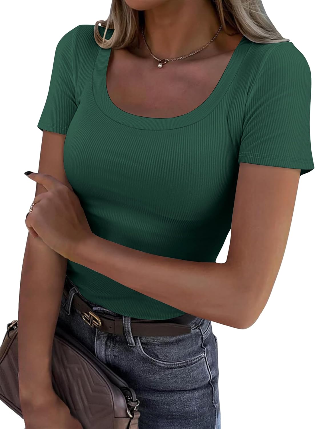 GKBK Women's Ribbed Short Sleeve Tee, Scoop Neck Slim Fitted Basic Top, Casual Summer Spring Trendy Shirt 2026