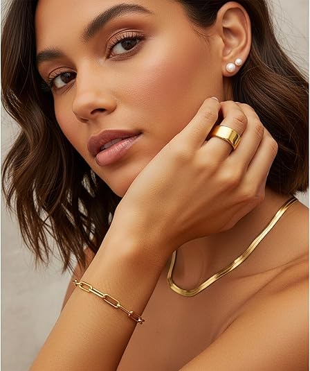 YEEZII 56 Pcs Gold Jewelry Set for Women with 5Pcs Layered Necklace, 5Pcs Layered Necklace, 12 Bracelets, 4 Hoop Earrings, 8 Stackable Rings, 10 hairpins, 12 Studs Earrings Jewerly set for Women