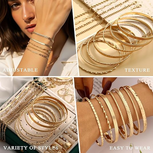 YEEZII 56 Pcs Gold Jewelry Set for Women with 5Pcs Layered Necklace, 5Pcs Layered Necklace, 12 Bracelets, 4 Hoop Earrings, 8 Stackable Rings, 10 hairpins, 12 Studs Earrings Jewerly set for Women