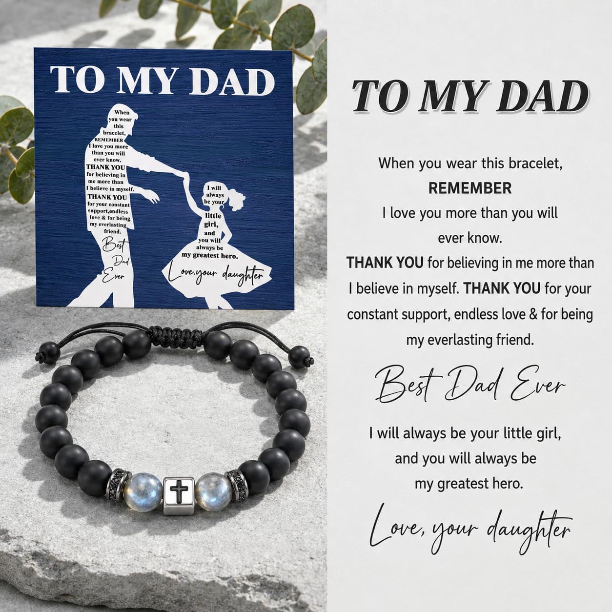 Gamtic Moonstone Cross Bracelet Gift for Dad, Adjustable 7A Grade Natural Moon Stone & Black Onyx Beaded Bracelet for Men, Fathers Day, Birthday Gifts from Daughter Son with to My Dad Card