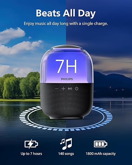 Philips S2108 Portable Bluetooth Speaker,Wireless Speakers with Punchy Bass,7 H Battery,TWS Pairing,Support Stereo Sound,Bluetooth 5.3 or TF Card,10W Output Power,Lighting Modes,Compact,Black