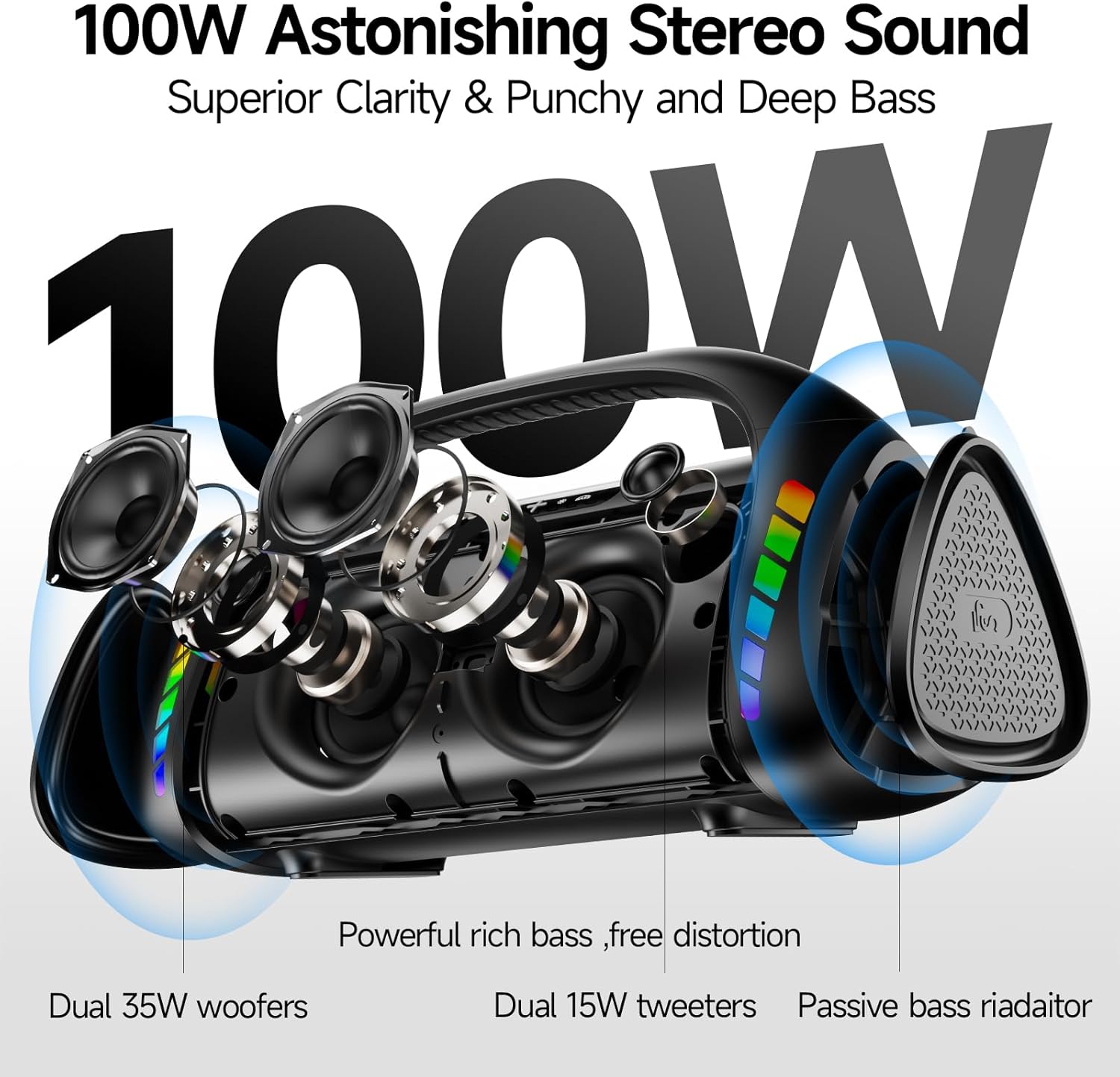 LFS Bluetooth Speaker,100W Loud Speakers Bluetooth Wireless with Deep Bass, LED Lights, IPX6 Waterproof, 30H Playtime, Portable Outdoor Speaker Boombox for Camping,Beach, Party