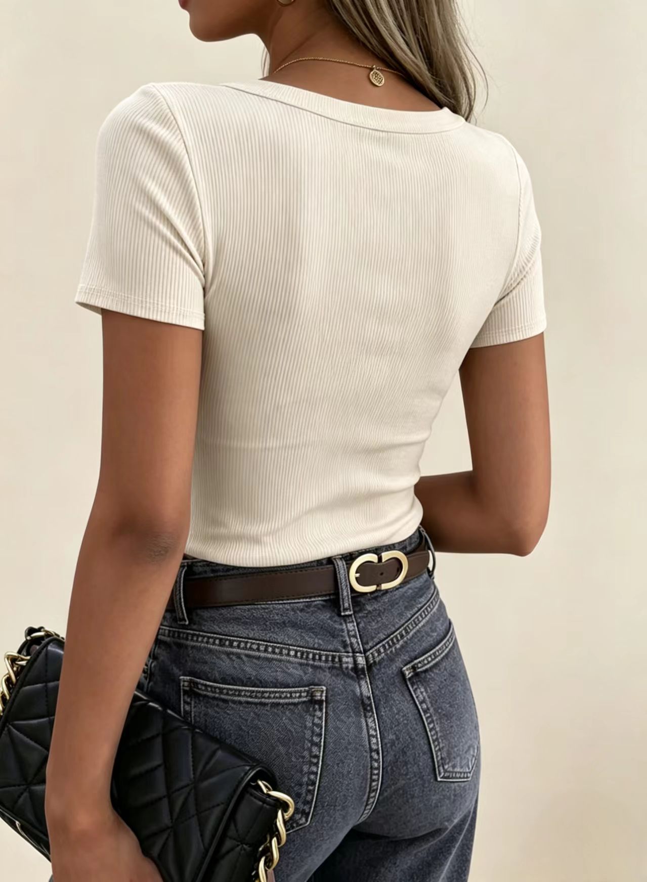 GKBK Ribbed Short Sleeve Tee - Scoop Neck Slim Fit Basic Top