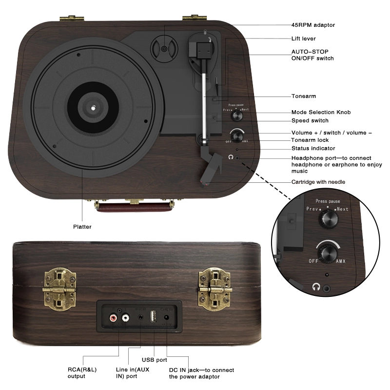 A3 Turntable - 2 Spkrs - 3-Speed - BT Speaker - USB - AUX - RCA