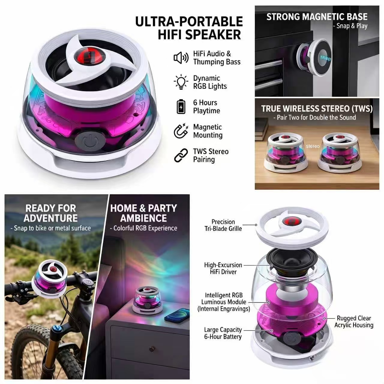 Magnetic Cyber Bluetooth Speaker-Compact-RGB-HiFi Bass-6H Play-TWS-Home&Outdoor