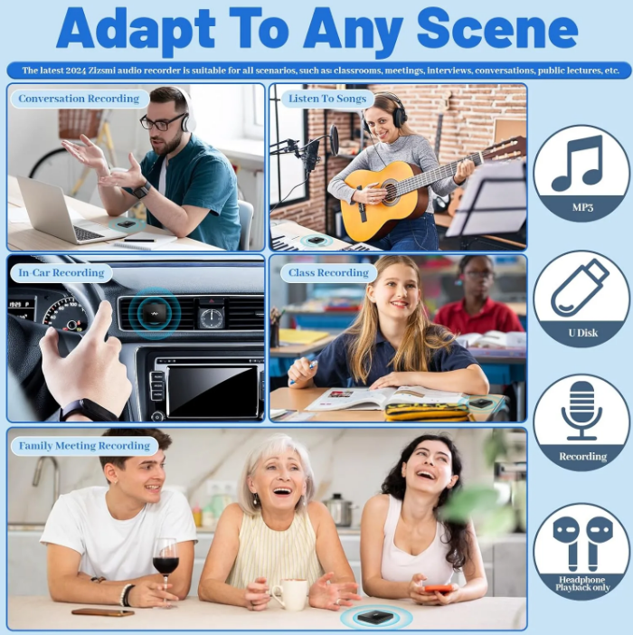 Voice Activated Recorder with Built-in Speaker-One-Button Control-Magnetic-Data Backup