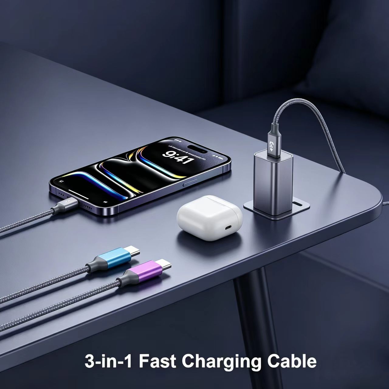 4ft-2Pack-4in1-multi charging cable-TC-Micro-Light-USB-Phone-Rapid-Nylon