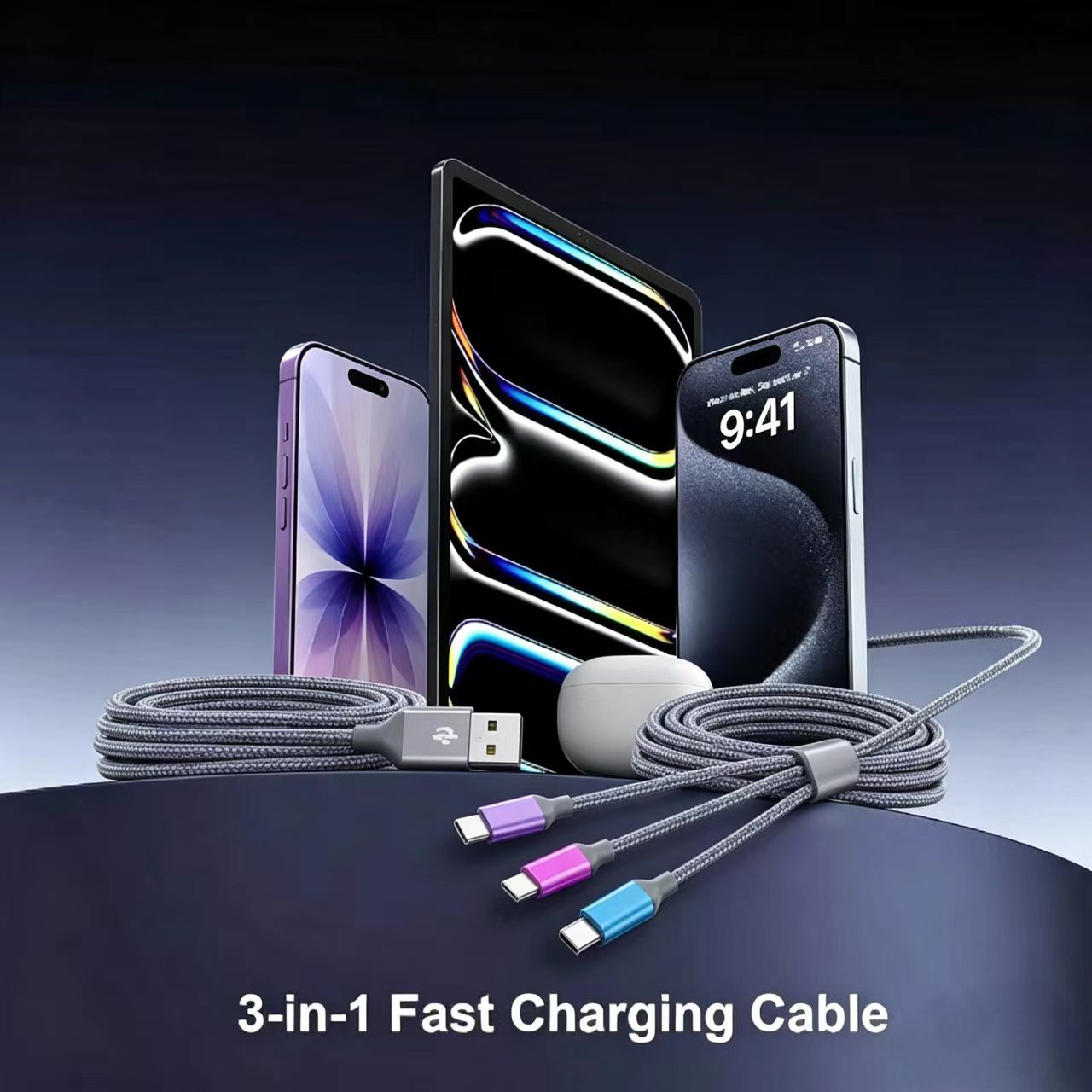 4ft-2Pack-4in1-multi charging cable-TC-Micro-Light-USB-Phone-Rapid-Nylon