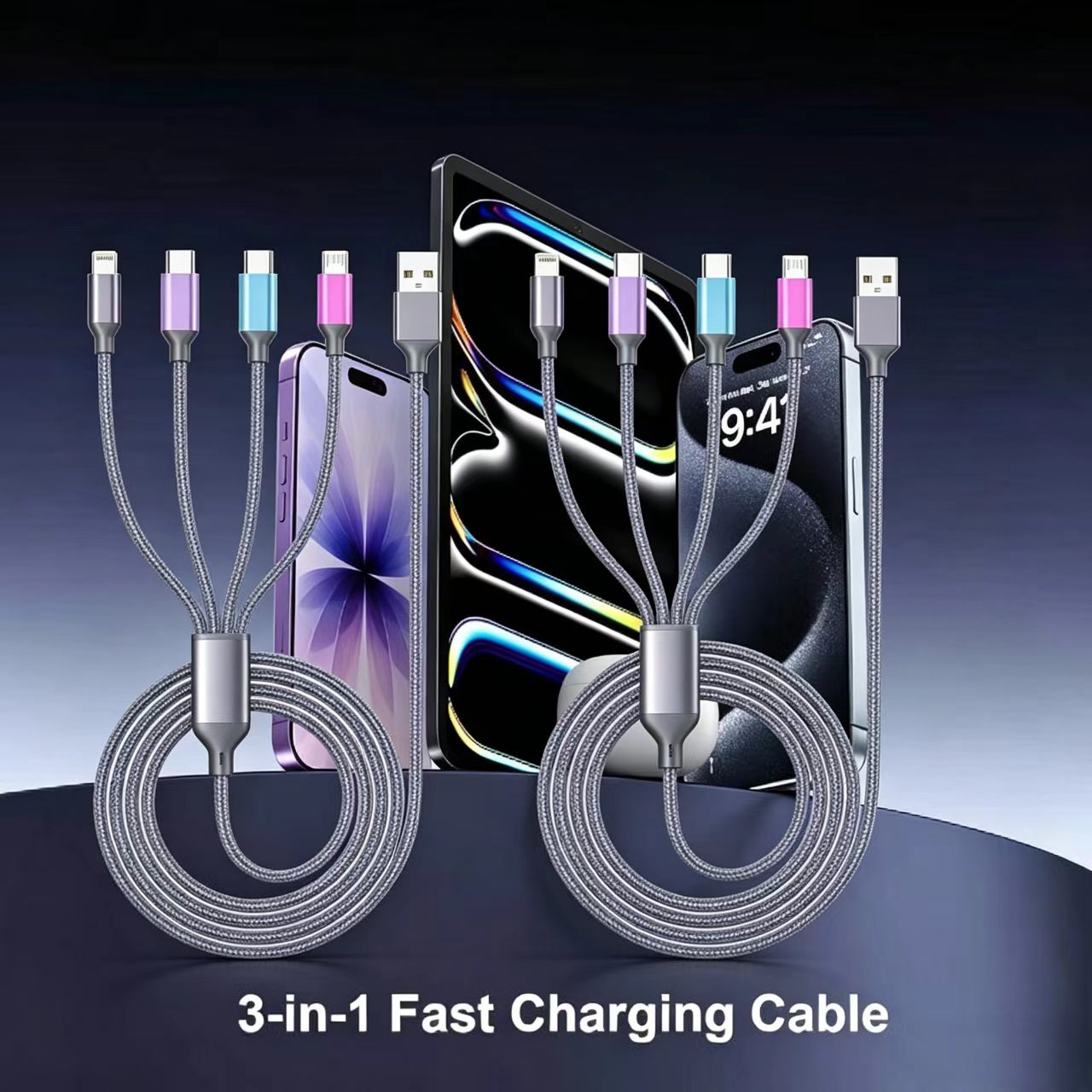 4ft-2Pack-4in1-multi charging cable-TC-Micro-Light-USB-Phone-Rapid-Nylon