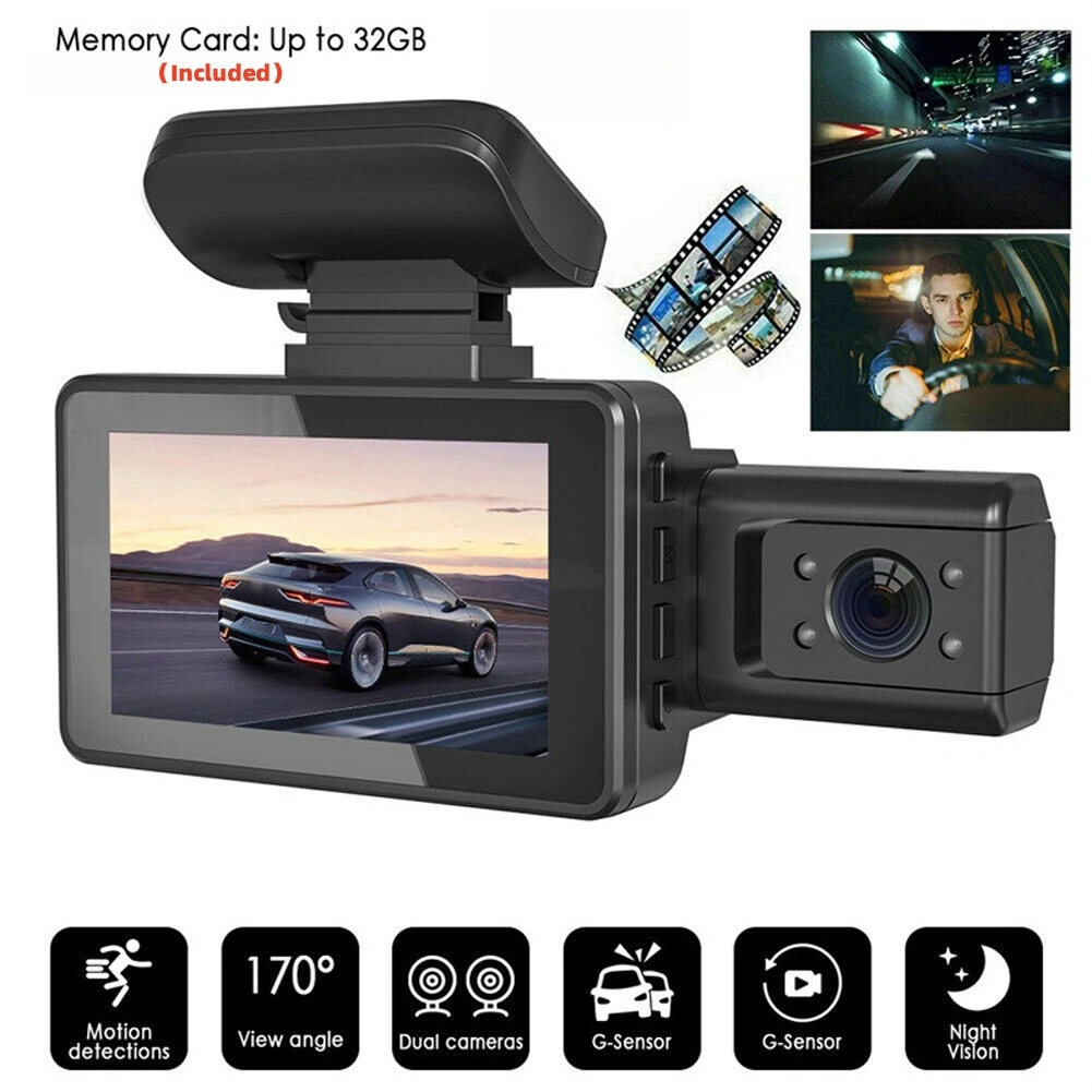 3-Inch Dual Lens Car Dash Cam-Front Inside Recording-Night Vision-G-Sensor Vehicle Dash Camera