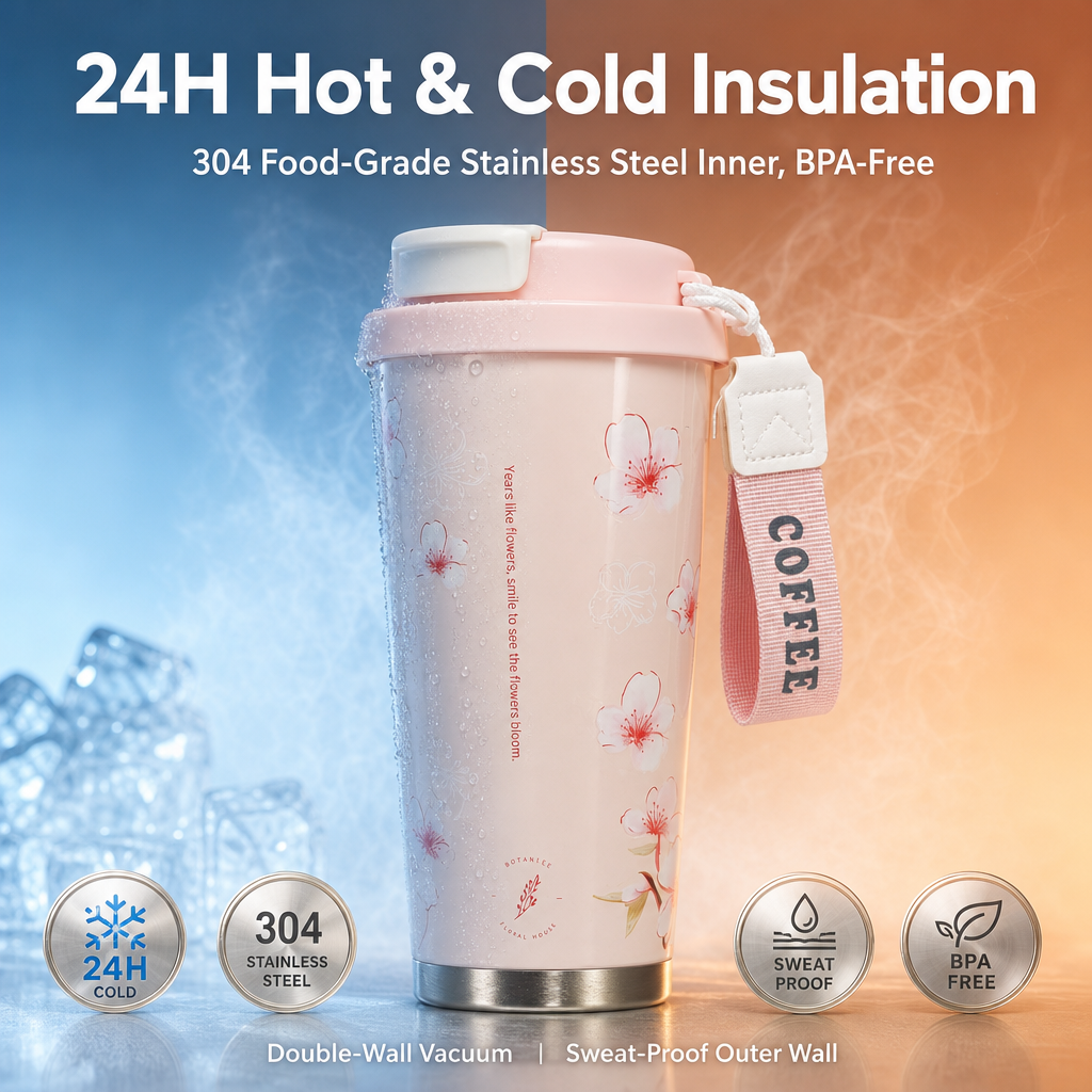 Lily Insulated Tumbler 17oz 500ml Stainless Steel Coffee Mug with Lid Strap