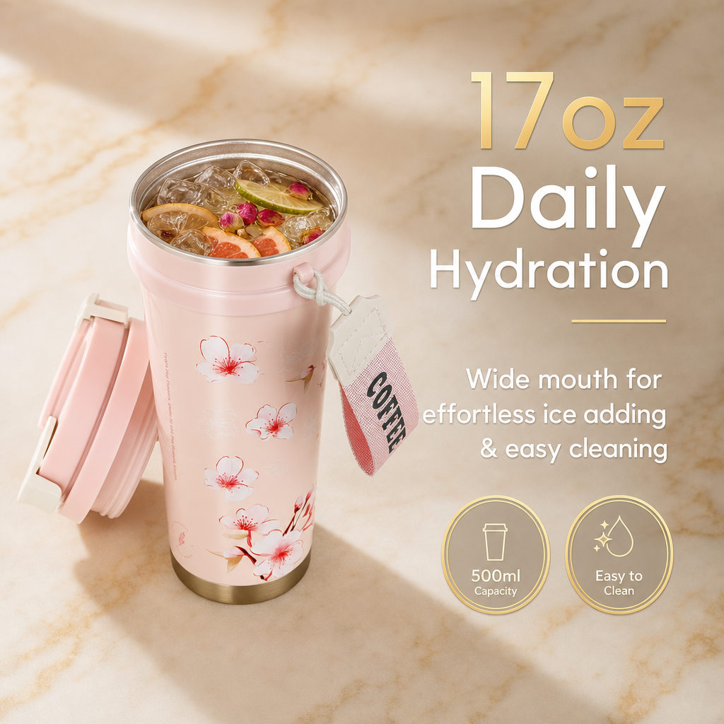 Lily Insulated Tumbler 17oz 500ml Stainless Steel Coffee Mug with Lid Strap