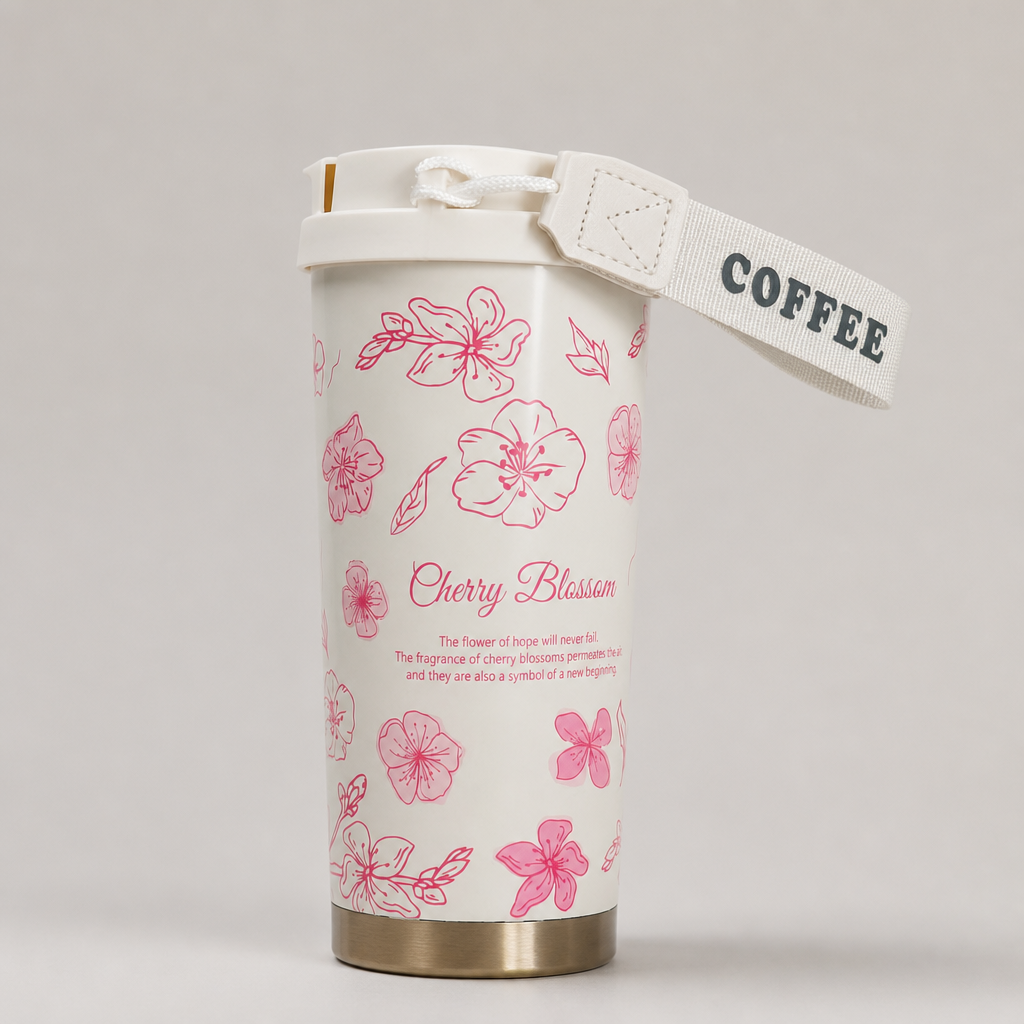 Lily Insulated Tumbler 17oz 500ml Stainless Steel Coffee Mug with Lid Strap