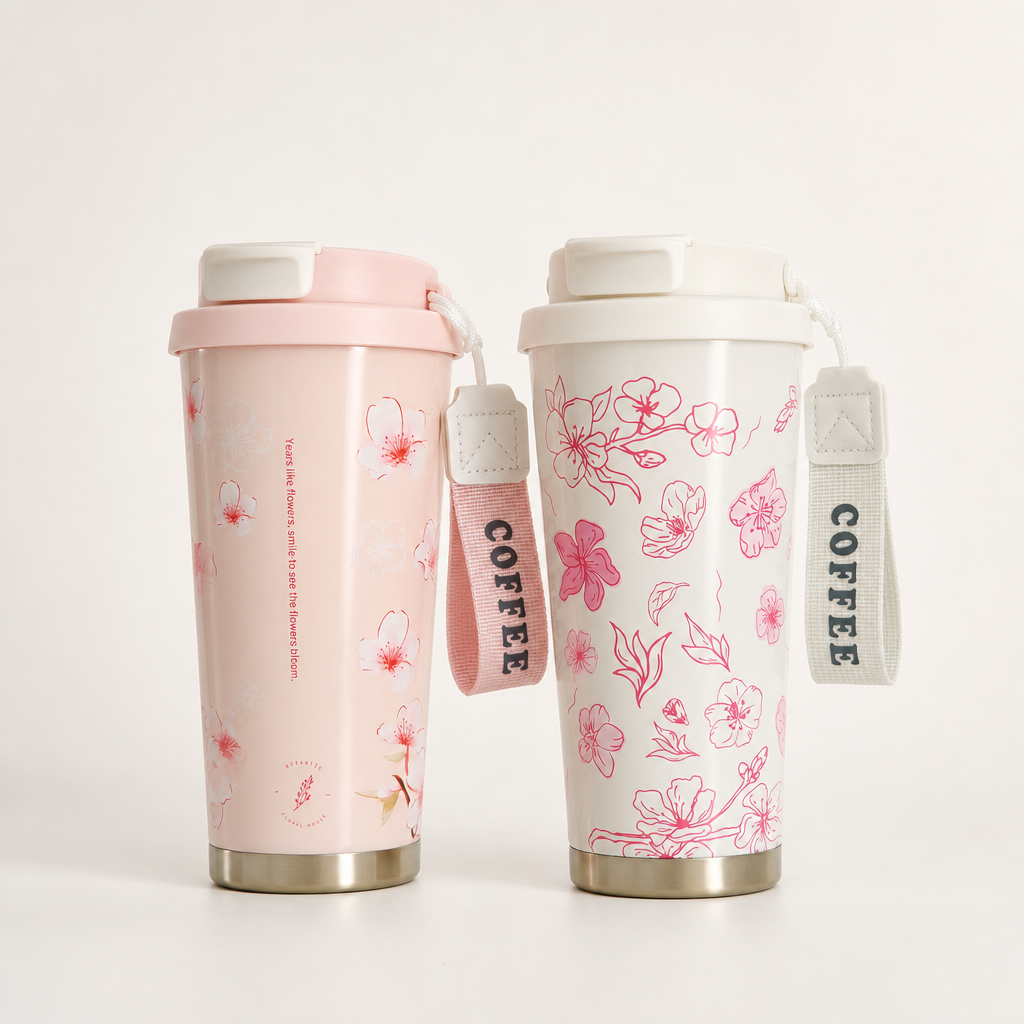 Lily Insulated Tumbler 17oz 500ml Stainless Steel Coffee Mug with Lid Strap